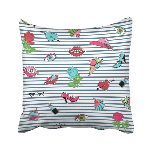 Funda de almohada ABPHQTO Parche Insignia Cosido en Rayas Grises Labios Corazón Ojos Rosa Flor 50x50 cm