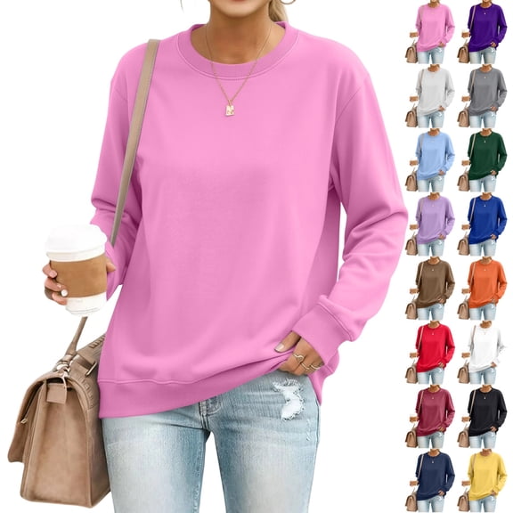 UDAUDU CrewNeck Sweatshirts Long Sleeve Shirts Tops for Women | 2026 Fall Fashion,Lightweight Comfortable,Loose Fit,Crew Neck,Casual Basic Pullover Pink 3XL
