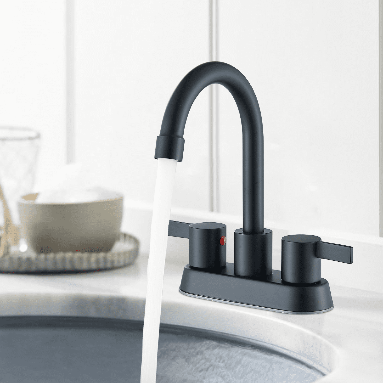 Zovajonia 4 Inch 2 Handle Centerset Matte Black Lead-Free Modern Bathroom Faucet , 360 Swivel Spout 2-3 Hole RV Bathroom Vanity Sink Faucet with Pop Up Drain and Water Supply Lines