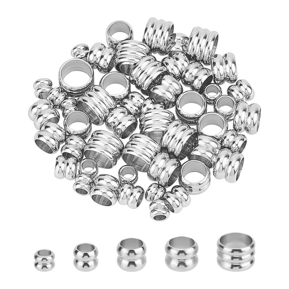 50Pcs 5 Style 304 Stainless Steel Beads Grooved Column Stainless Steel Color 5~9x4~6mm Hole: 3~7mm 10pcs/style