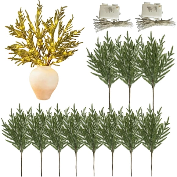 Pre Lit Pine Stems, 2025 Upgrade 17" Christmas Lighted Norfolk Pine Branches, Lit Branches for Vase, Christmas Artificial Norfolk Pine Stems (10PCS)