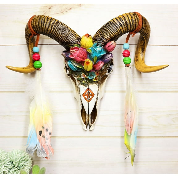 Rustic Corsican Ram Skull With Flowers And Dreamcatcher Feathers Wall Decor