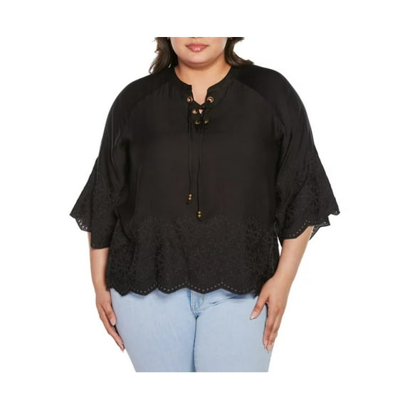 Belldini Women's Black Label Raglan 3/4-Sleeve Embroidered Top Plus Size 2X