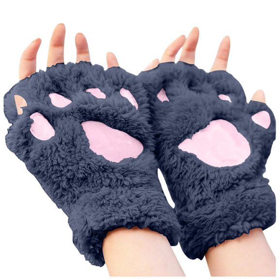 Fgnfyis Winter Gloves for Women Cat Half Finger Bear Fingerless Cute Thick Lined Cartoon Warm Neck Hanging Plush Mittens Navy