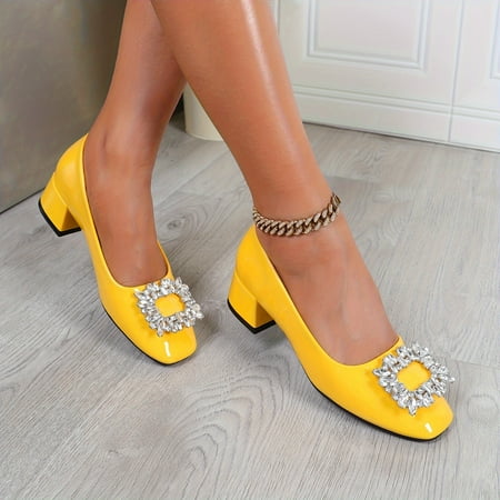 

Luxurious Rhinestone Buckle Chunky Heel Pumps - Elegant Square Toe Slip-On Design Stylish Dress Shoes for Women - Perfect for Formal Occasions Parties and Weddings