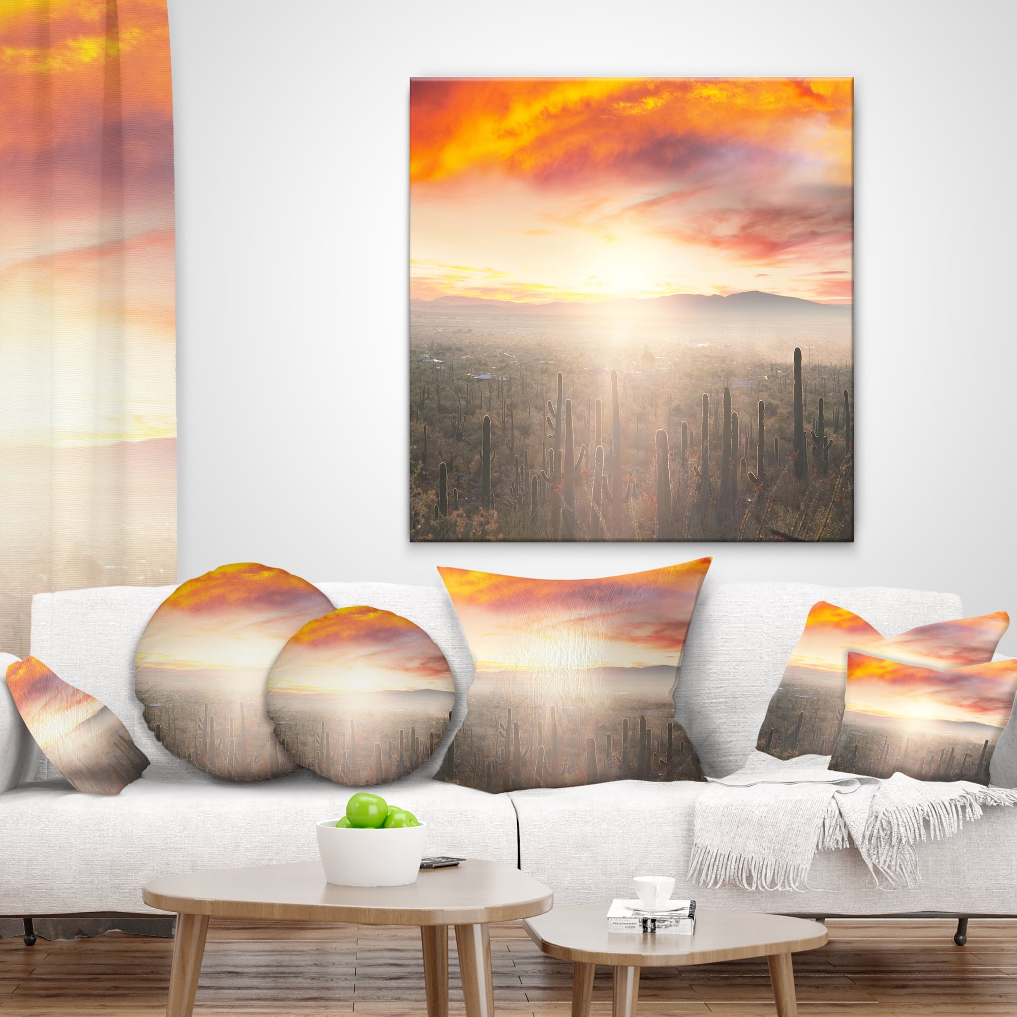 Designart Saguaro Cactus At Colorful Sunset - Landscape Printed Throw Pillow - 12x20