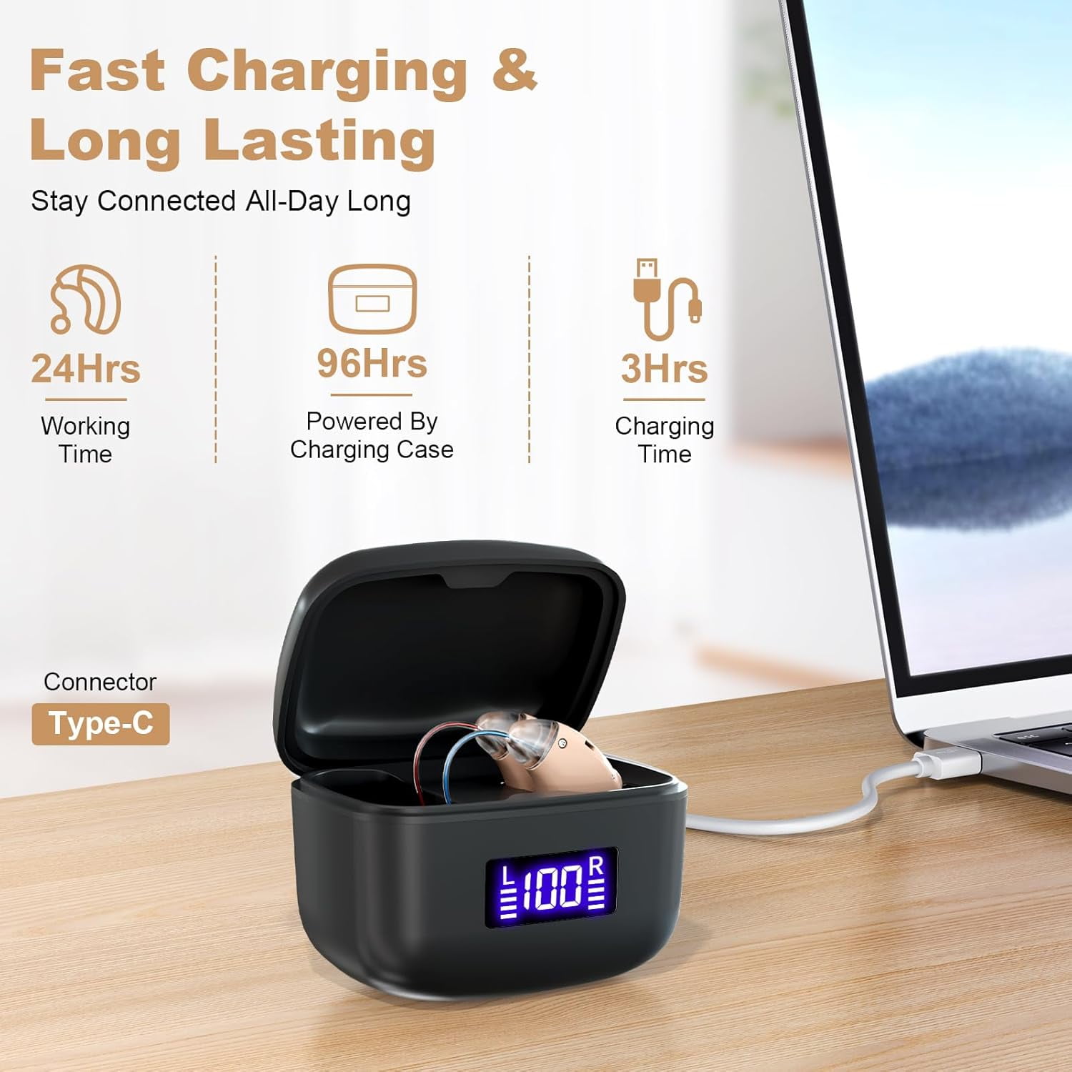Hearing Aids for Seniors，Rechargeable Hearing Aids with Noise Cancelling,Behind-the-ear RIC Hearing Aids with Real Voice, Invisible Comfortable without Whistling,Charging Box Displaying Power