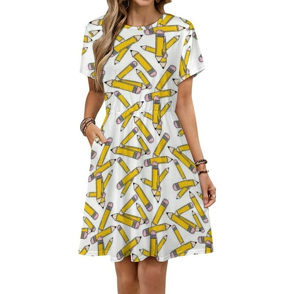 Teacher Pencils Dress Fashion Beach Short Sleeve Dresses Female Party Printed Sundress
