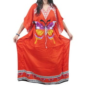 Mogul Women's Maxi Caftan Orange Butterfly Print Long Dress Beach Cover Up House Dress
