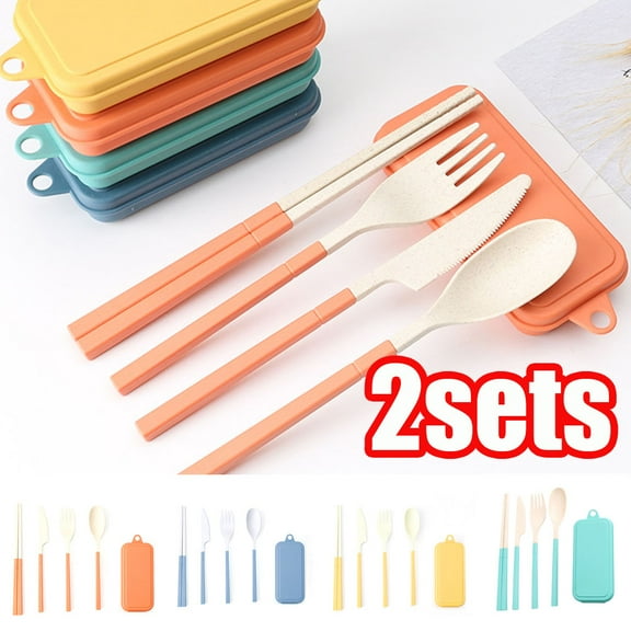 Vnanda 2 Sets Portable Utensils Set Straw Cutlery Set Healthy Eco-Friendly Wheat Biodegradable Chopstick Fork Knife Spoon Chopsticks Set for Travel Picnic Camping Students Daily Uses