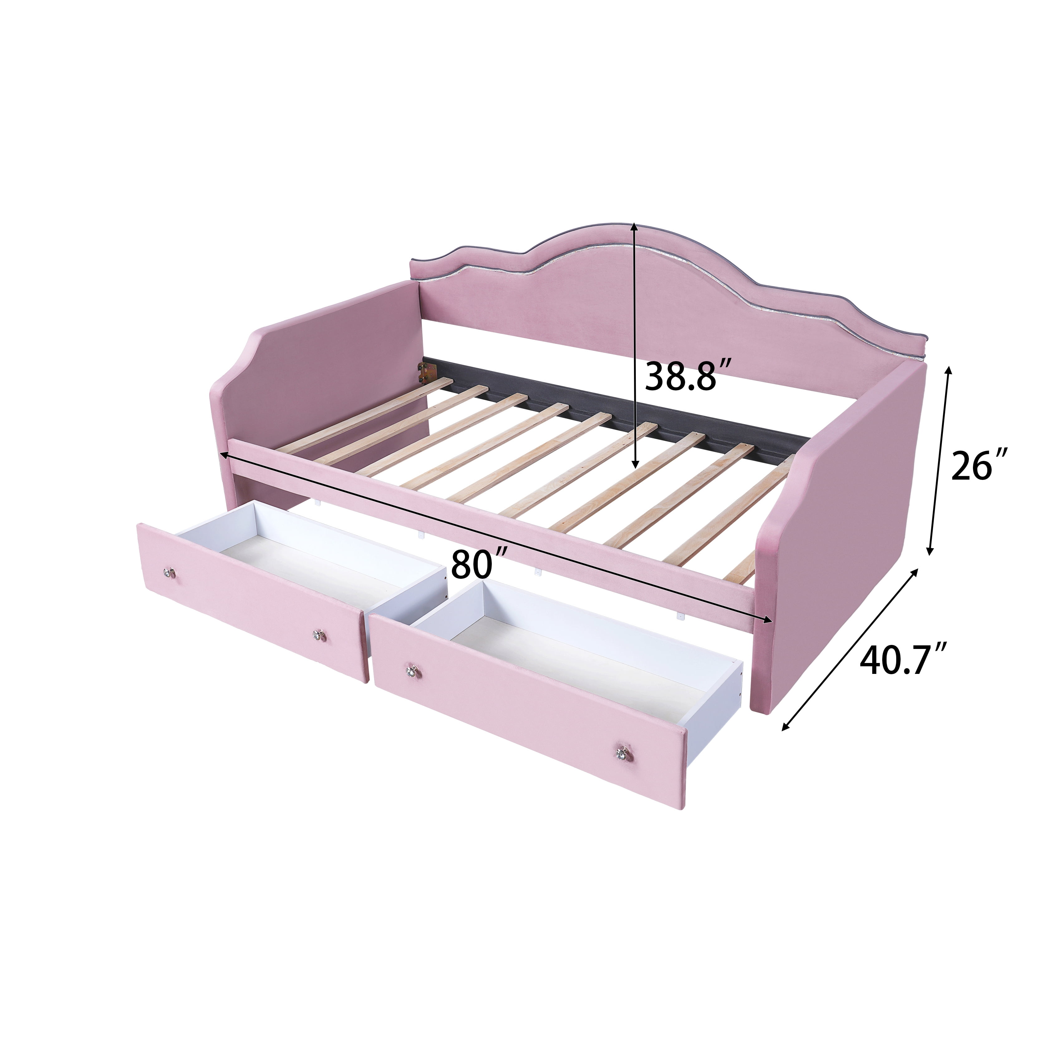 Euroco Upholstered Twin Size Daybed with LED Light and 2 Drawers, Pink