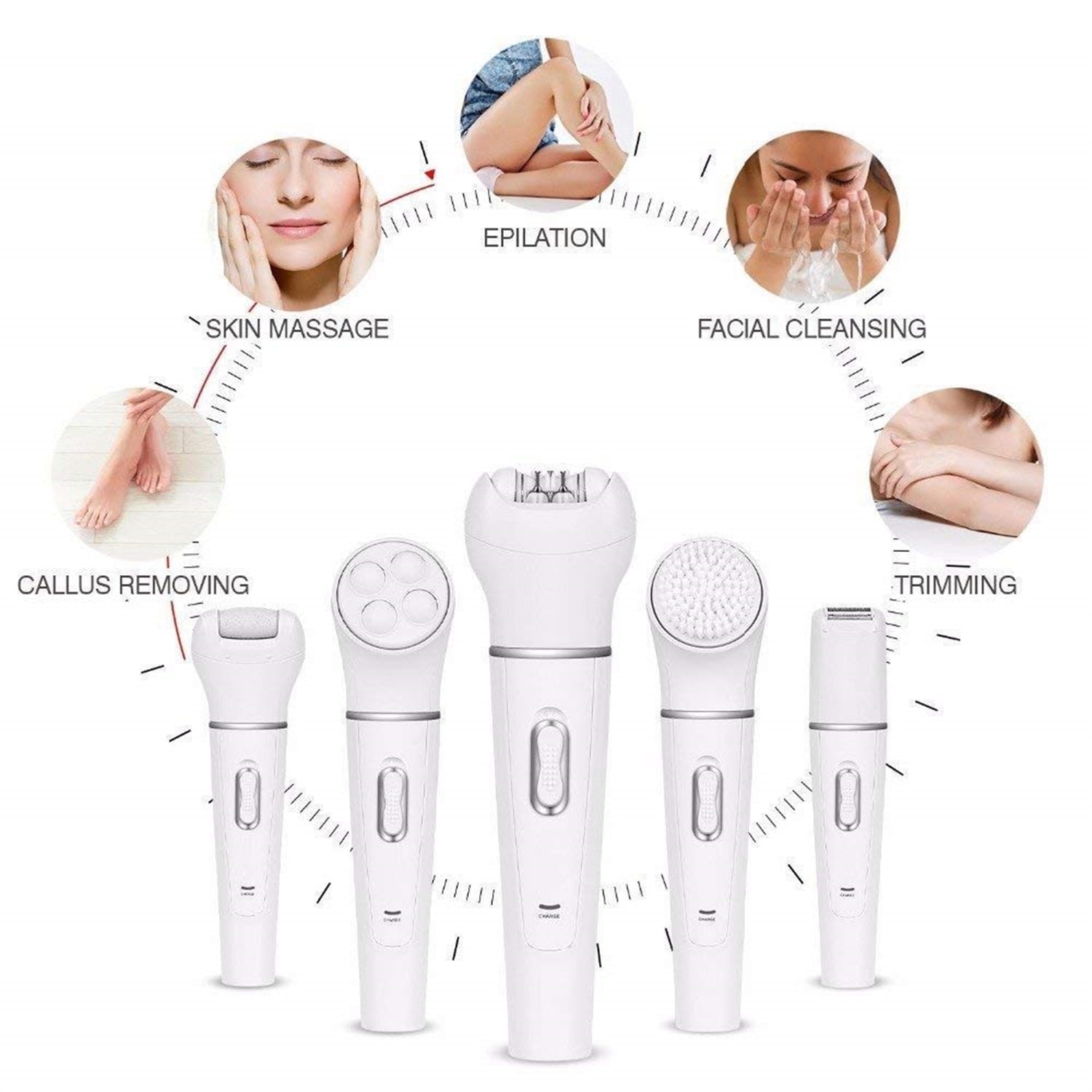 Bexikou 5 in 1 Rechargeable Electric Face Epilator with Body Trimmer, Facial Massager, Shaver, Pedicure, Cleaning Brush and Epilator Waterproof for Women