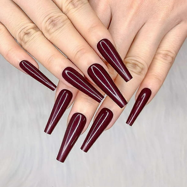 24pcs Wine Red Pure Color Ballerina Long Coffin Glossy Fake Nails Press on Nail False Tips Manicure for Women and Girls