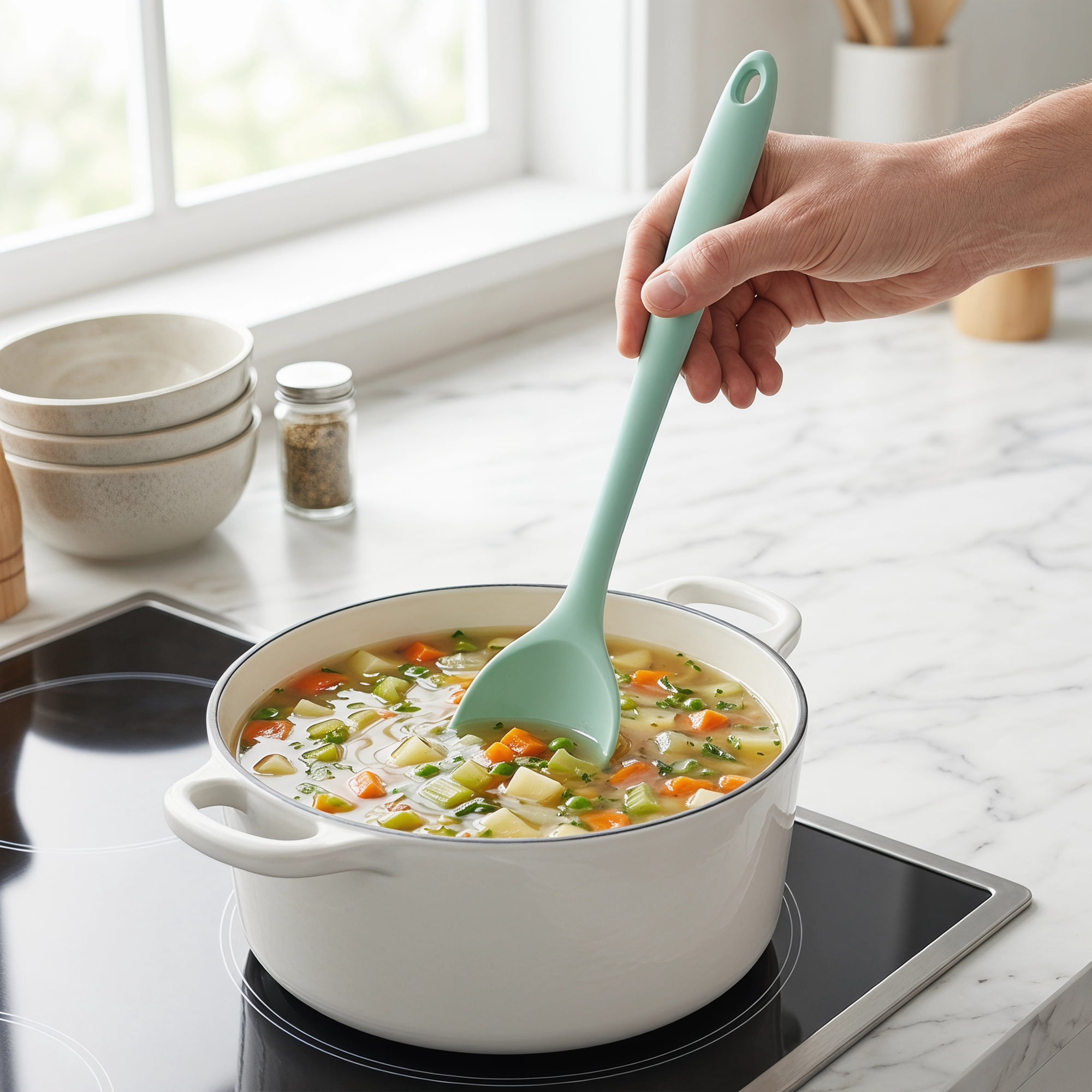 Unique Bargains Silicone Non Stick Heat Resistant Cooking Spoon Green 11x2.3in