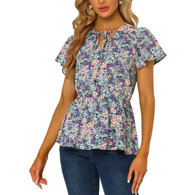 INSPIRE CHIC Haut à Basque pour Femme à Imprimé Floral, Manches Courtes, Taille Haute, Col Noué, L Noir