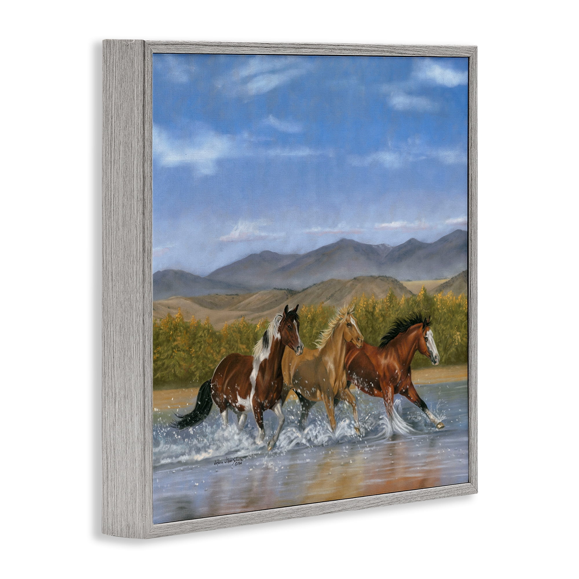 Stupell Industries Splashing River Horses Animals & Insects Painting Gray Framed Art Print Wall Art, 12 x 12