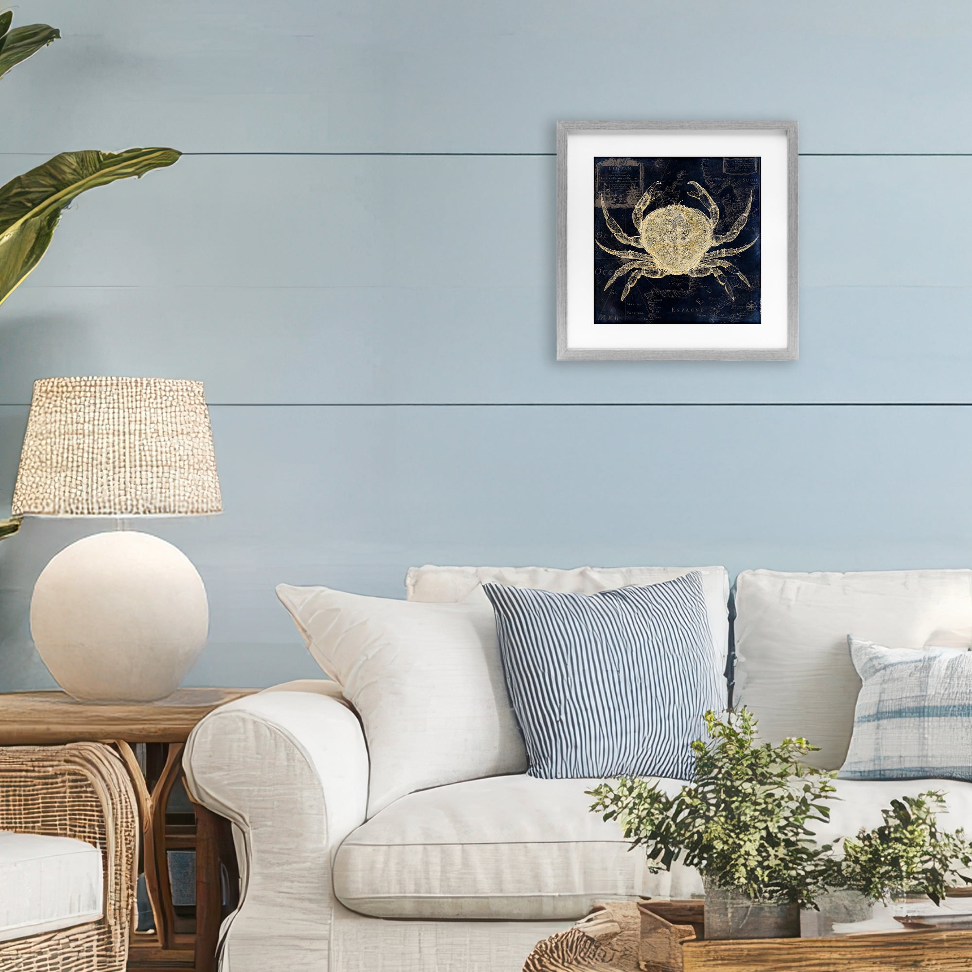 Crab Contour over Map Gray Framed Print Under Glass, design by Sasha