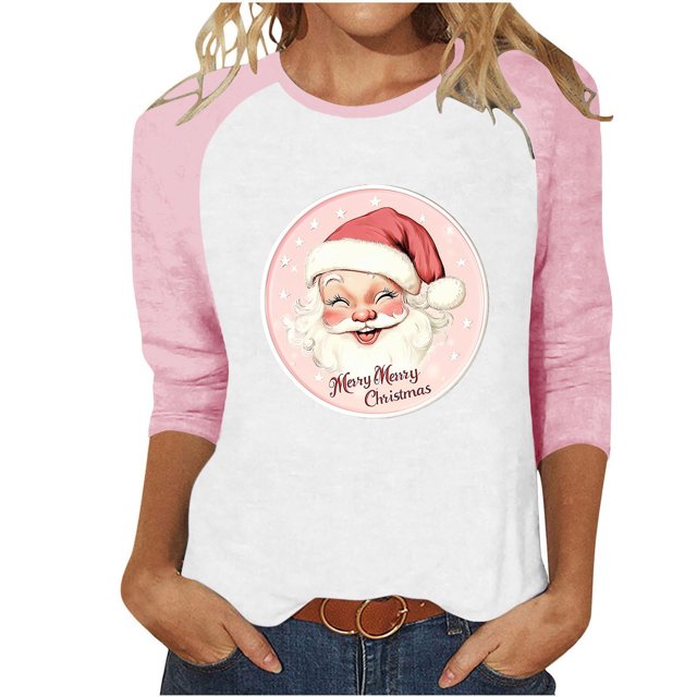 LckLvx Chandails de Noël pour Femmes Col Rond Manches 3/4 Raglan Hauts Mignons Graphiques Décontractés T-Shirts