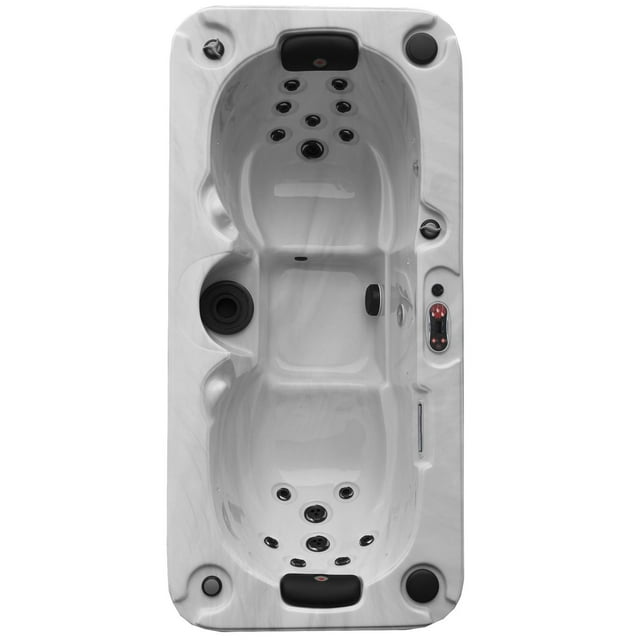 Top view of the Yukon 2-person plug & play hot tub featuring 16 jets, two black headrests, and control panel on the side.