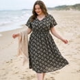 thumbnail image 3 of Vestido Floral de Día de la Madre para Mujeres Talla Grande Grace & Grandeur, Chifón Boho, Cuello en V, Mangas Cortas Acampanadas, Cintura Fruncida, Vestidos Midi de Verano 4X Negro, 3 of 8