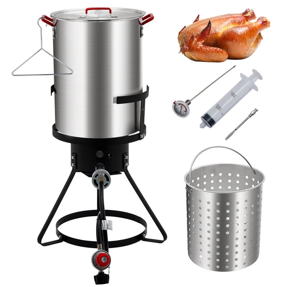Friteuse Polyvalente pour Dinde et Fruits de Mer d'Extérieur – Marmite Profonde en Aluminium de 30 Qt avec Contrôleur 0-5 PSI, Injecteur de Viande, Thermomètre de Cuisson, Support d'Allumeur au Propane – pour Dinde, Poisson, Écrevisse