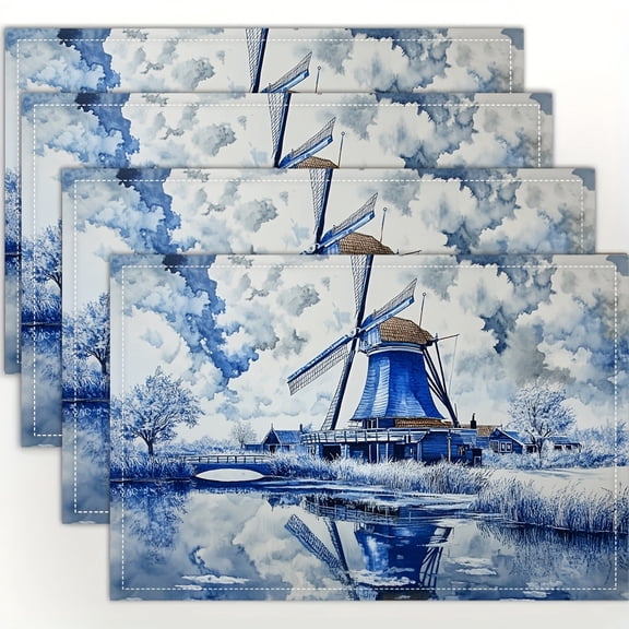 4pcs, Blue Delft Dutch Windmill Placemats, Fashion Print Pattern Table Mat, for Dining Table, Kitchen, Party, Indoor, Holiday, Dinner Parties And Home Decor (Table Mats) 12X18 Inch