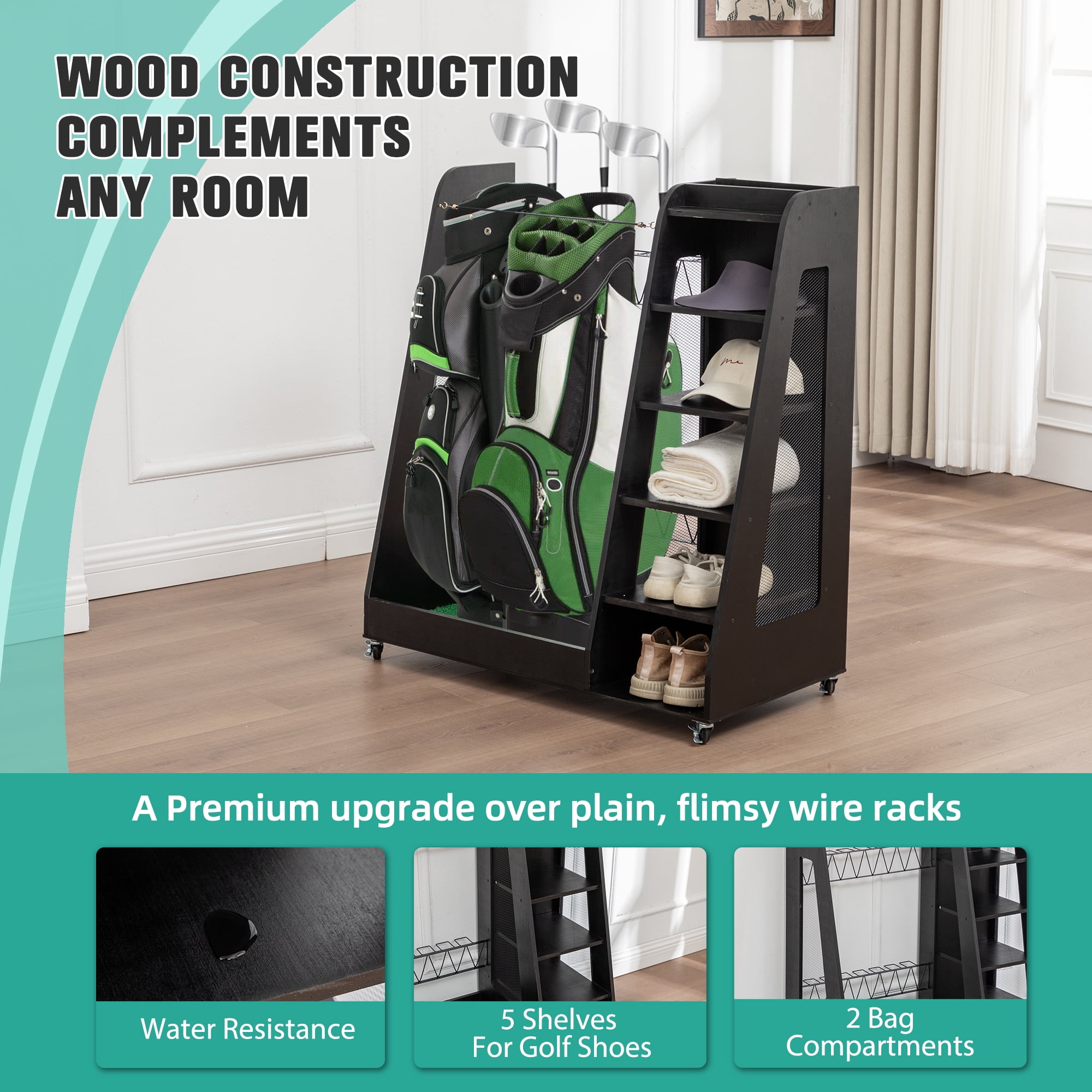 Miniyam Golf Bag Organizer for 2 Bags – Wooden Golf Club Storage Rack, Heavy Duty for Garage & Home, Black