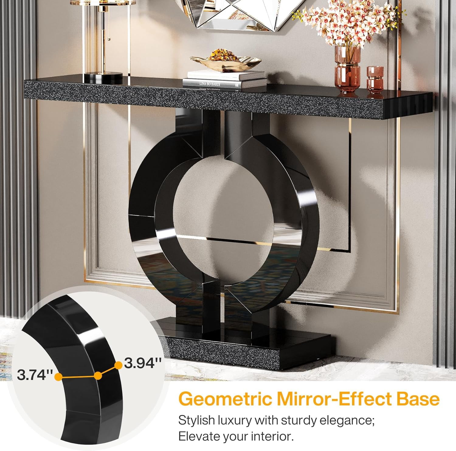 Tribesigns 43-Inch Mirrored Console Table, Modern Black Entryway Table with O-Shaped Base, Glass Sofa Table with Mirror Finish for Living Room Hallway Entrance
