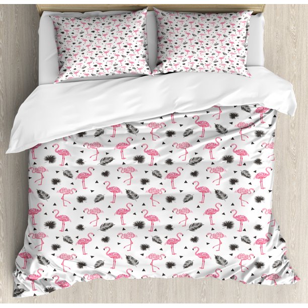 Flamingo Queen Size Duvet Cover Set, Watercolor Art Flamingos with