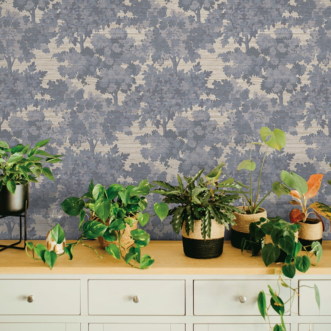 Tempaper Blue Canopy Toile Faux Grasscloth Removable Peel and Stick Wallpaper, 20.5 in X 16.5 ft