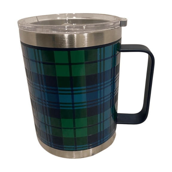 Insulated Stainless Steel Travel Mug with Handle and Lid, Plaid Design, Reusable Coffee Tumbler