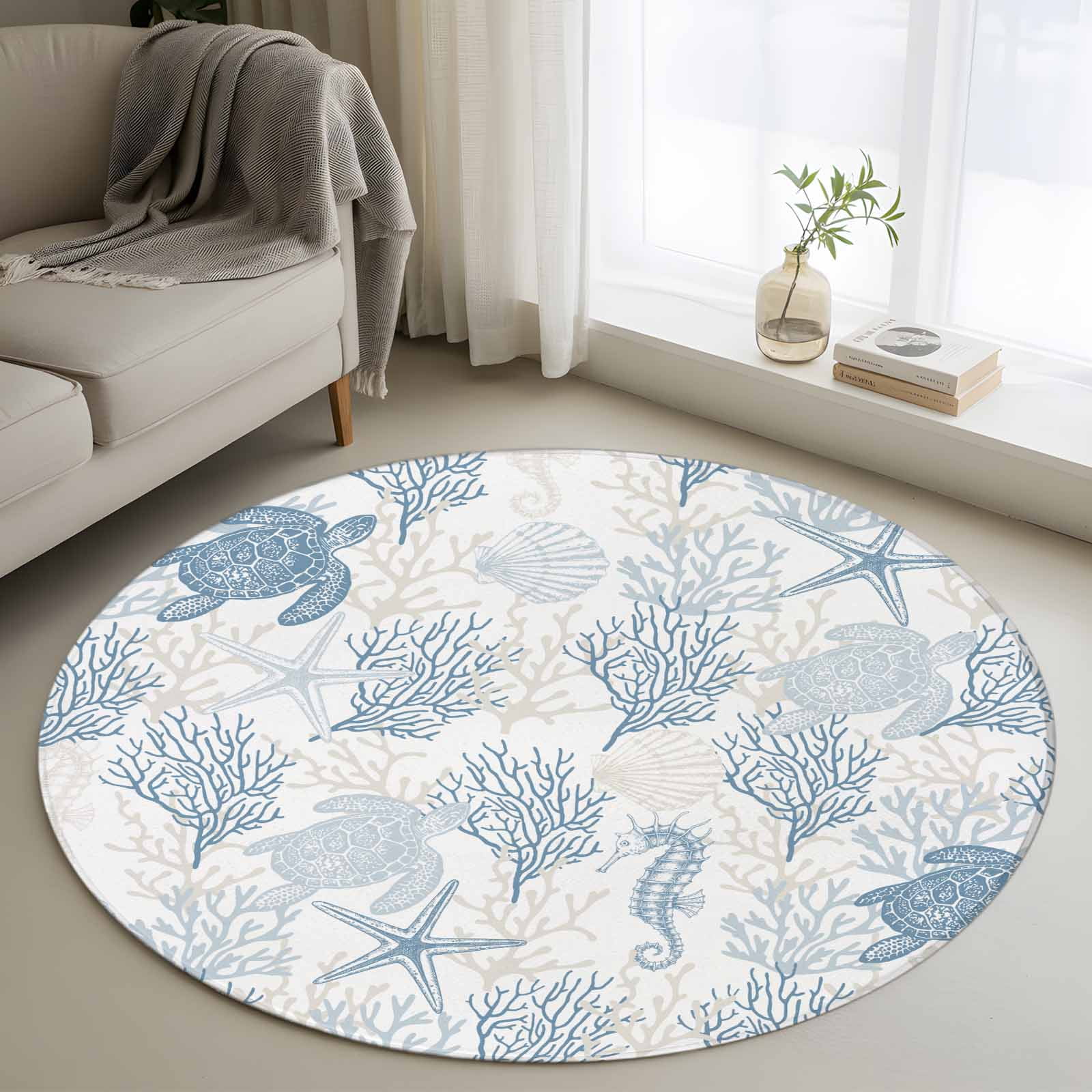 Summer Ocean Round Rugs for Living Room 4ft Ombre Blue Coral and Turtle Non Slip Circle Rug Washable Low-Profile Indoor Carpet for Bedroom Dining Room Bathroom