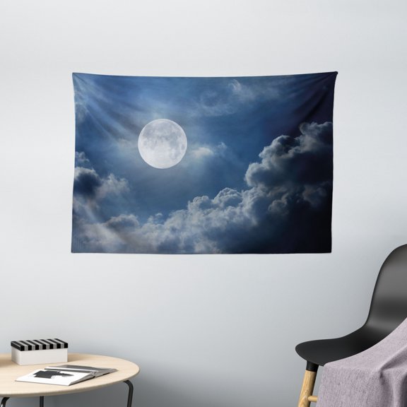 Moon Tapestry, Night Sky with Full Moon and Clouds Nature Photography Space Inspired Image Print, Wall Hanging for Bedroom Living Room Dorm Decor, 60W X 40L Inches, Dark Blue White, by Ambesonne