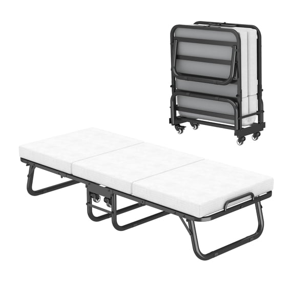 Folding Guest Bed, Portable Metal Frame Cot Bed, Space Saving Foldable Bed With Rolling Wheels For Home, Office, Dorm, Camping, Twin Cot Size