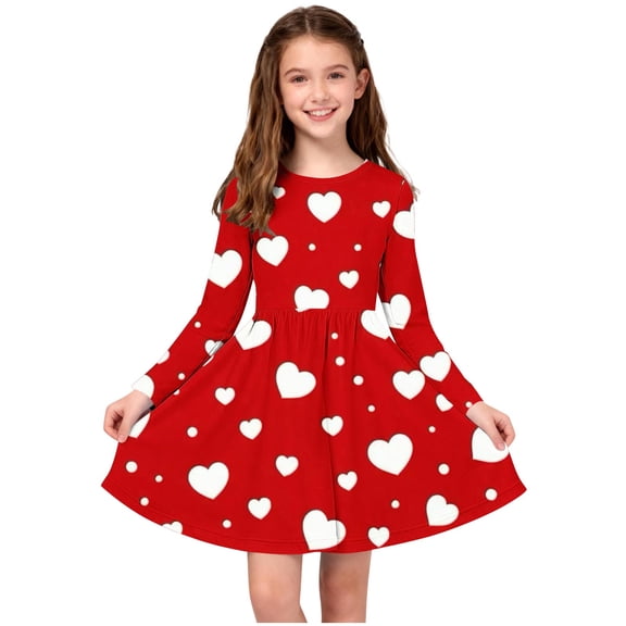 BLTIBY Girls Valentine's Day Dress Long Sleeve Round Neck Toddler Printed Spring Fall A-Line Flowy Swing Pleated Dresses Red 4-5 Years