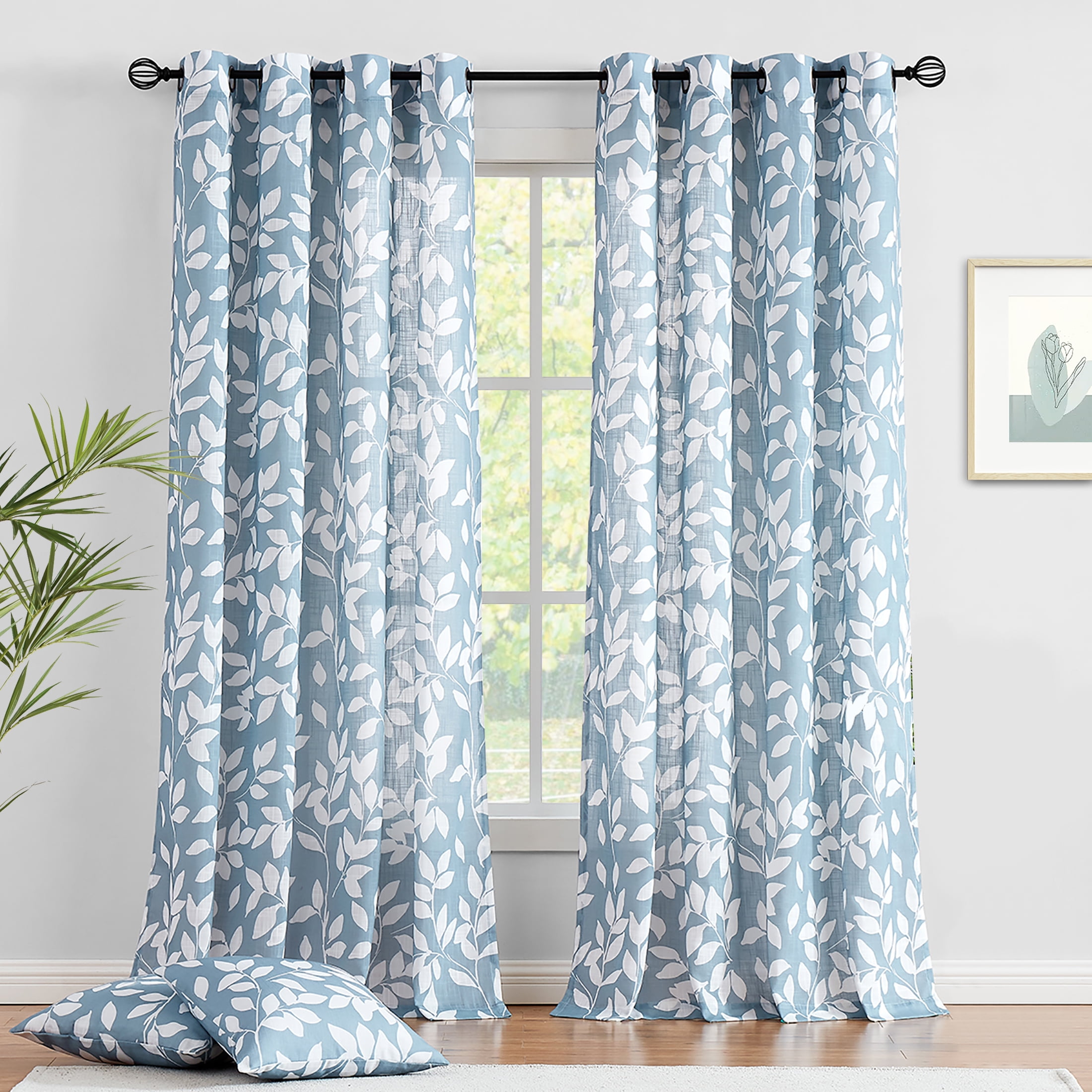 Exultantex Blue and White Semi Sheer Curtains for Kitchen Leaves Print Panels 55
