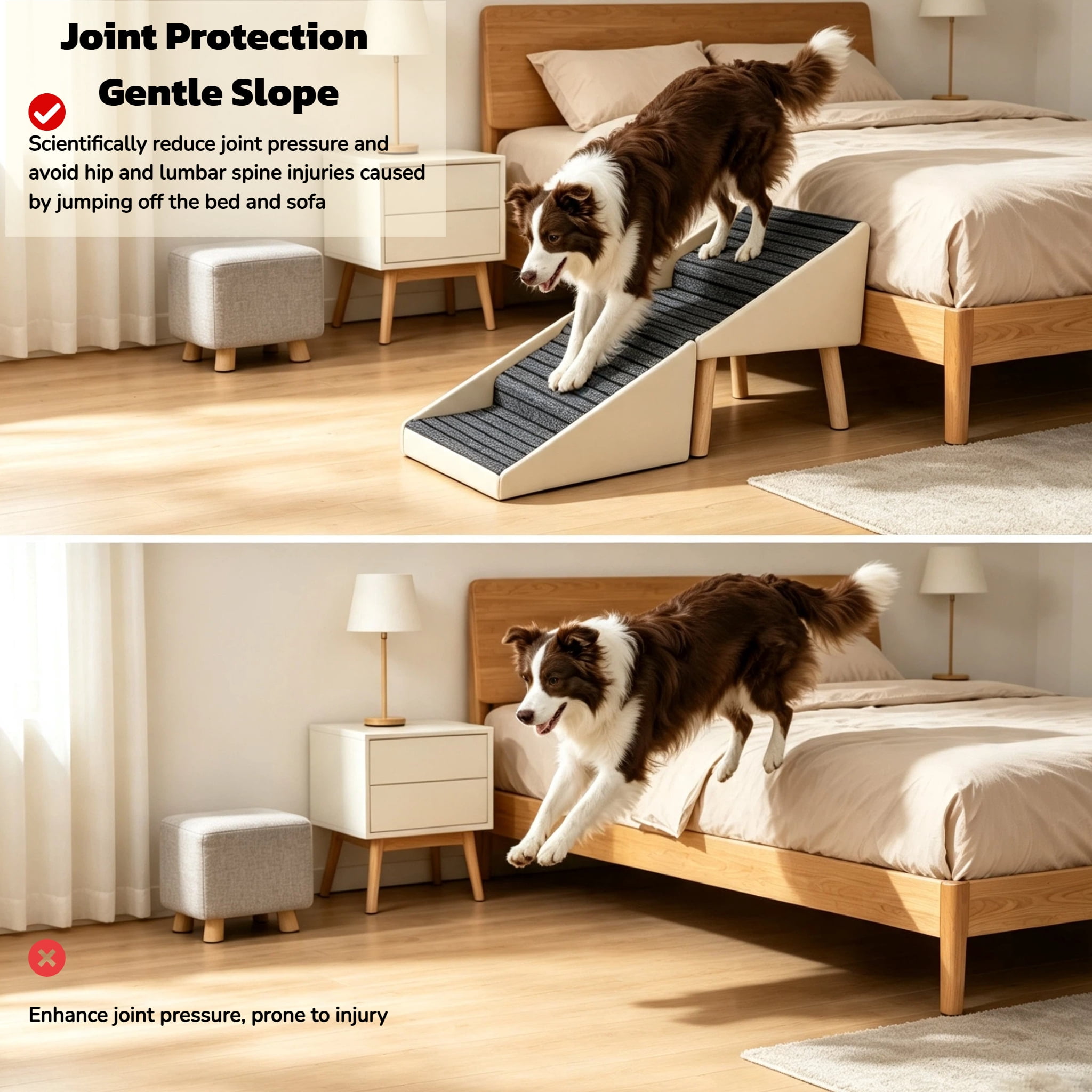 2-in-1 Dog Stairs for Bed and Couch 18.89" Foldable Dog Ramp for Couch 4 Pet Steps & Ottoman for Small Dogs, Beige