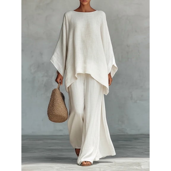 Women's Simple Loose Linen Blend Shirt and Wide-Leg Pants Set