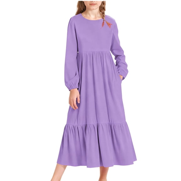 Levmjia Girls Dress 4-15 Years Long Sleeve Solid Color Casual Round Neck Pocket Elastic Waist Maxi Length Kids Clothing Stretchy Fabric Little Big Kid Dress