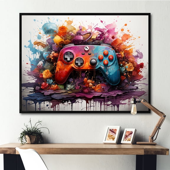 Designart "Abstract Neon Video Game Controller" Fashion Framed Wall Art - Modern Colorful Video Games Living Room Framed Canvas Art