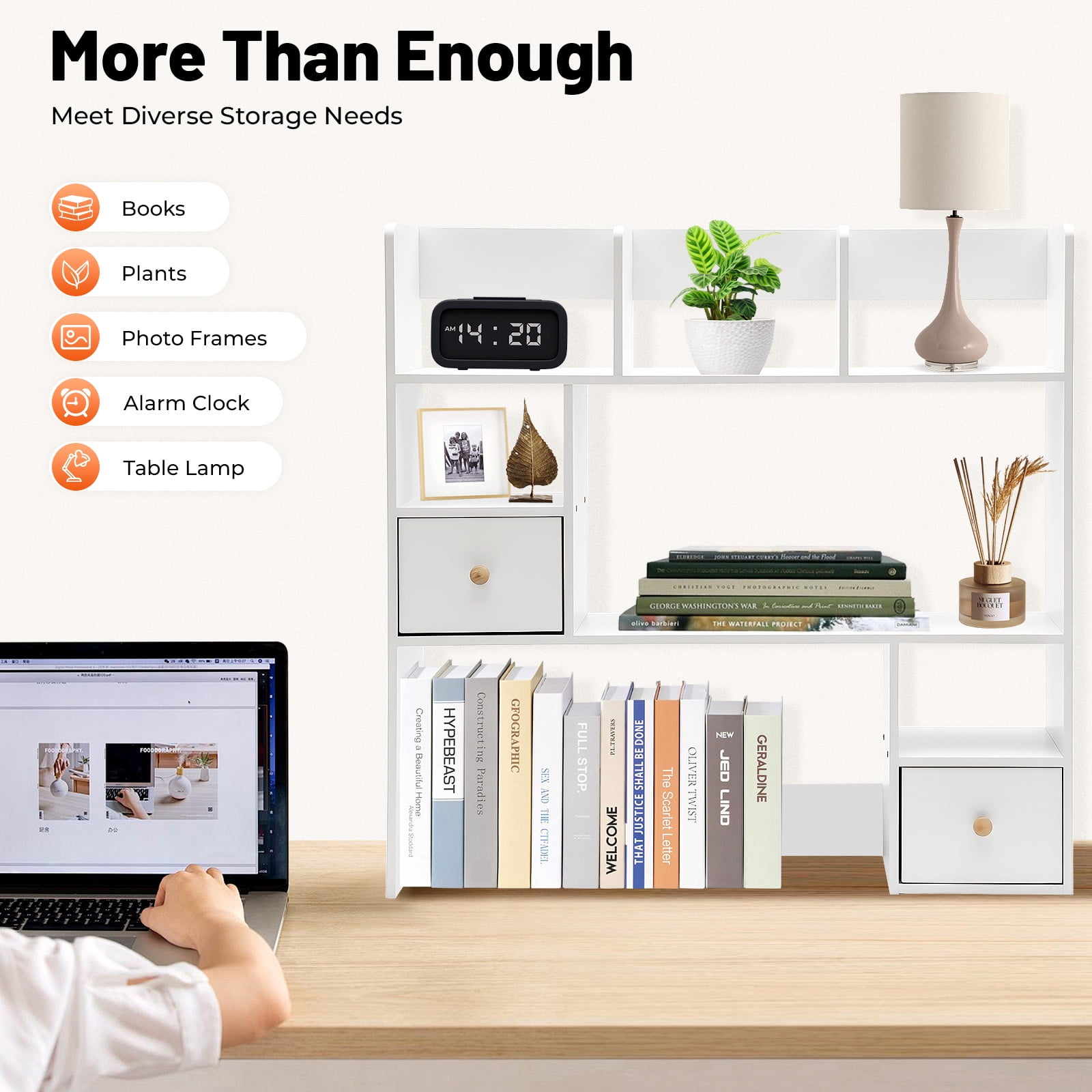 ChicHomey 9-Compartment White Desktop Bookshelf,White Tabletop Display Hutch,Space-Saving Tabletop Design,Freestanding Desk Organizer for Study & Office