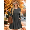 thumbnail image 5 of Long Sleeve Dress for Women Crew Neck Waist Tunic Dress with Pockets Grey L, 5 of 6