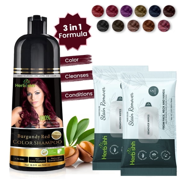 Herbishh Burgundy Hair Color Shampoo for Gray Hair with Pack 2 Hair colour stain remover, Hair Dye Shampoo 3 in 1, 100% Gray Coverage, Permanent Hair Color for Men & Women, Ammonia-free, 500 ml