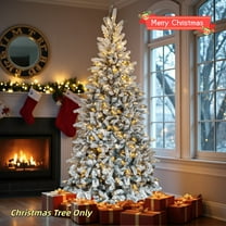 Tcbosik 7ft Prelit Flocked Christmas Tree with 400 Warm White LED Lights, Artificial Xmas Tree with 1100 Branch Tips, Indoor Holiday Decoration with Metal Stand, Snowy Green