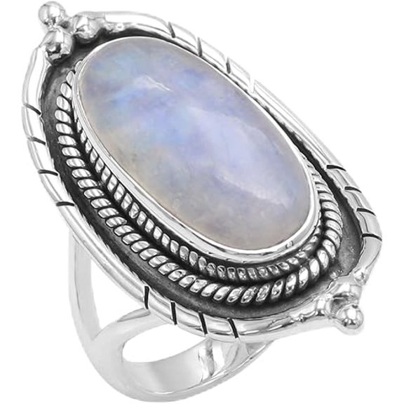 JAY JOOLS Moonstone Ring Sterling Silver Oval Gemstone Statement Jewelry for Women