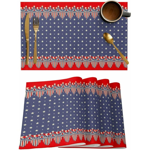 Star Flag Placemats Set of 6,Washable Woven Burlap Cloth Fabric Placemat for Square/Rectangle/Round/Oval Dining Table,Easy Clean Place Mats for Kids 4th of July Patriotic Memorial Day Red Blue