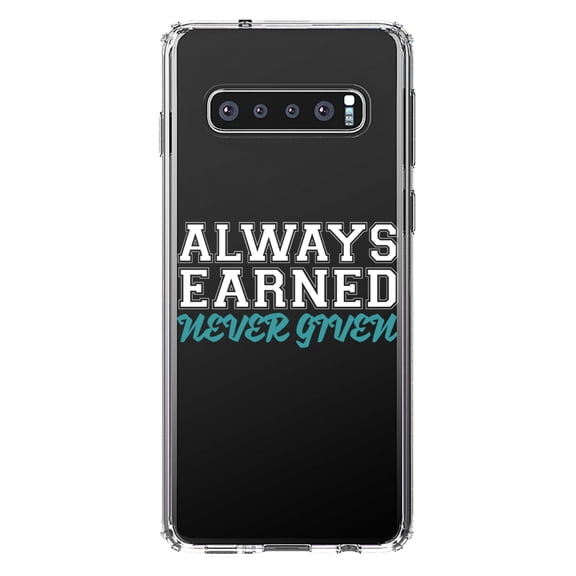 DistinctInk Clear Shockproof Hybrid Case for Samsung Galaxy S10  PLUS (6.4" Screen) - TPU Bumper Acrylic Back Tempered Glass Screen Protector - Always Earned Never Given