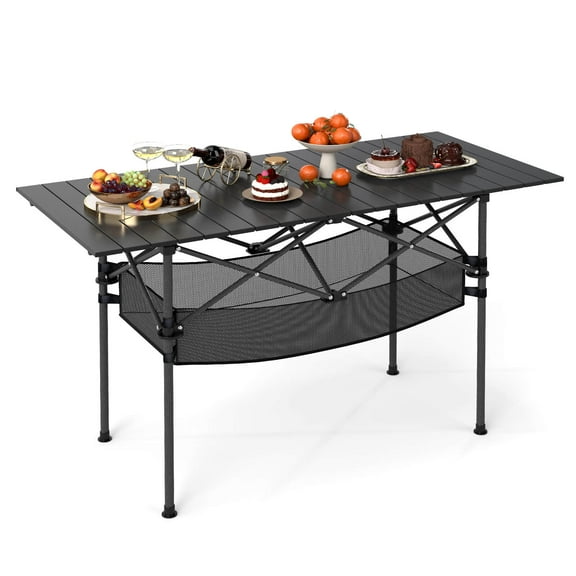 Costway Patio Folding Camping Table with Aluminum Roll-up Tabletop & Mesh Basket Black