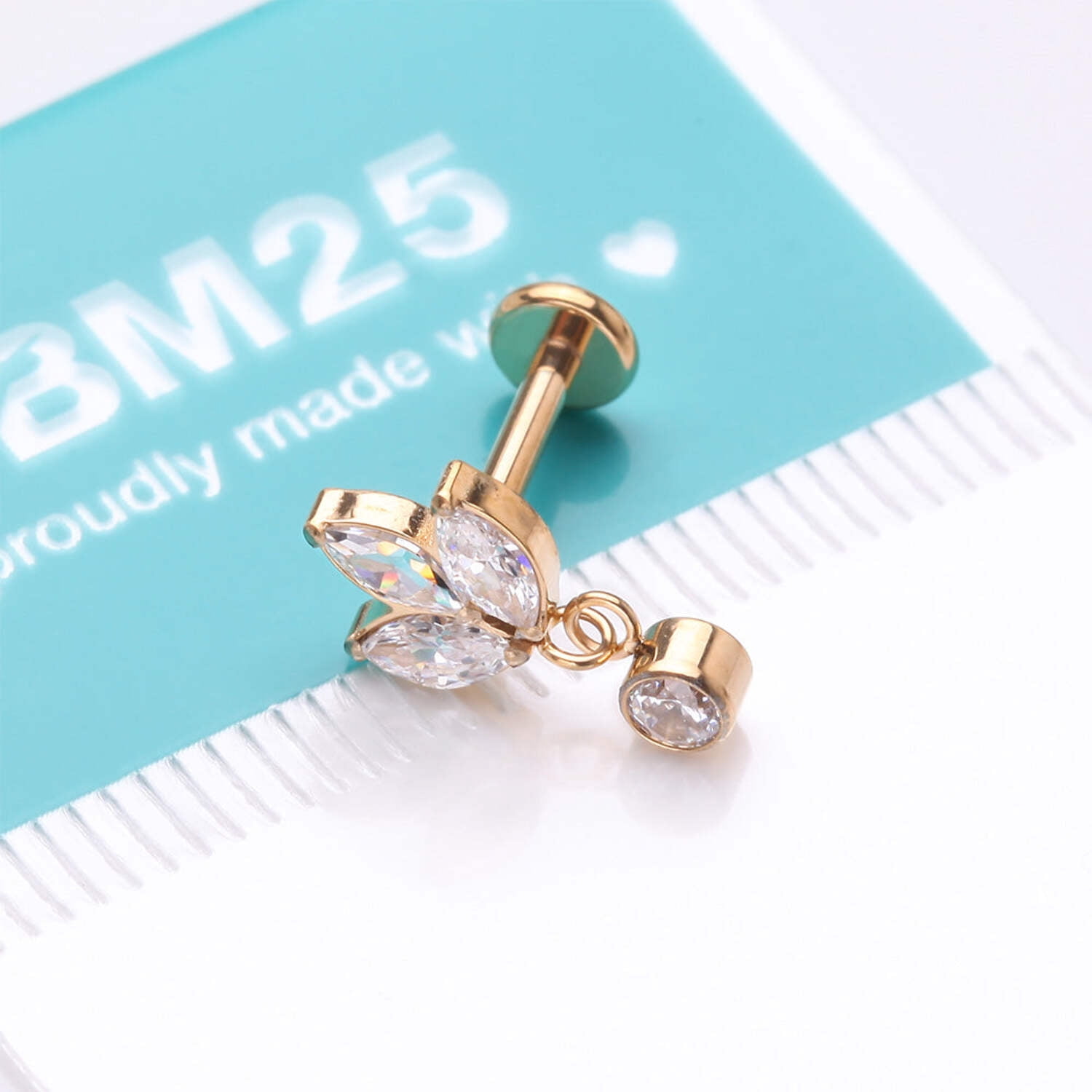 Implant Grade Titanium Golden Marquise Flower Sparkle Dangle Internally Threaded Flat Back Stud Labret
