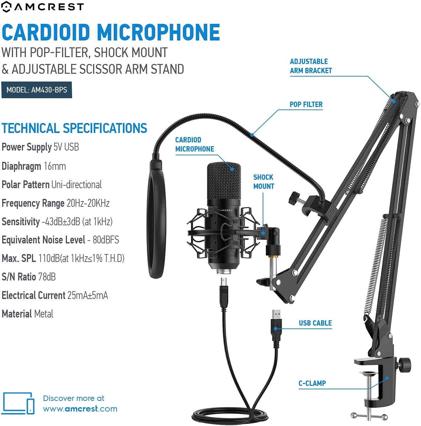 Amcrest USB Microphone for Voice Recordings, Podcasts, Gaming, Online Conferences, Live Streaming, Cardioid Microphone with Boom Arm, Pop-Filter, Shock Mount, AM430-BPS